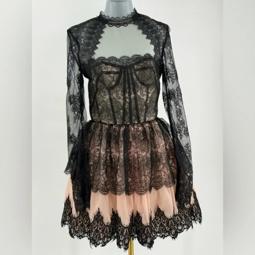 🆕 BRONX & BANCO 🧿 NWOT Daphne Illusion Lace Long Sleeve Mini Dress, Sz M US 6 - Picture 3 of 13